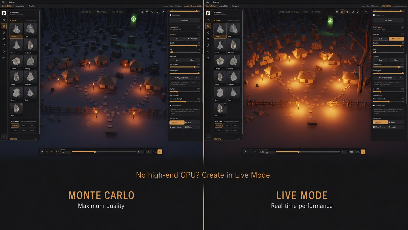 Fabulorium scene shown in Monte Carlo and Live rendering modes